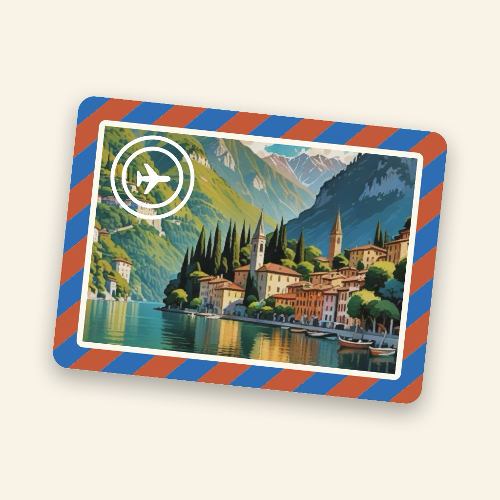 Greetings From app icon — a painted postcard with an airmail border