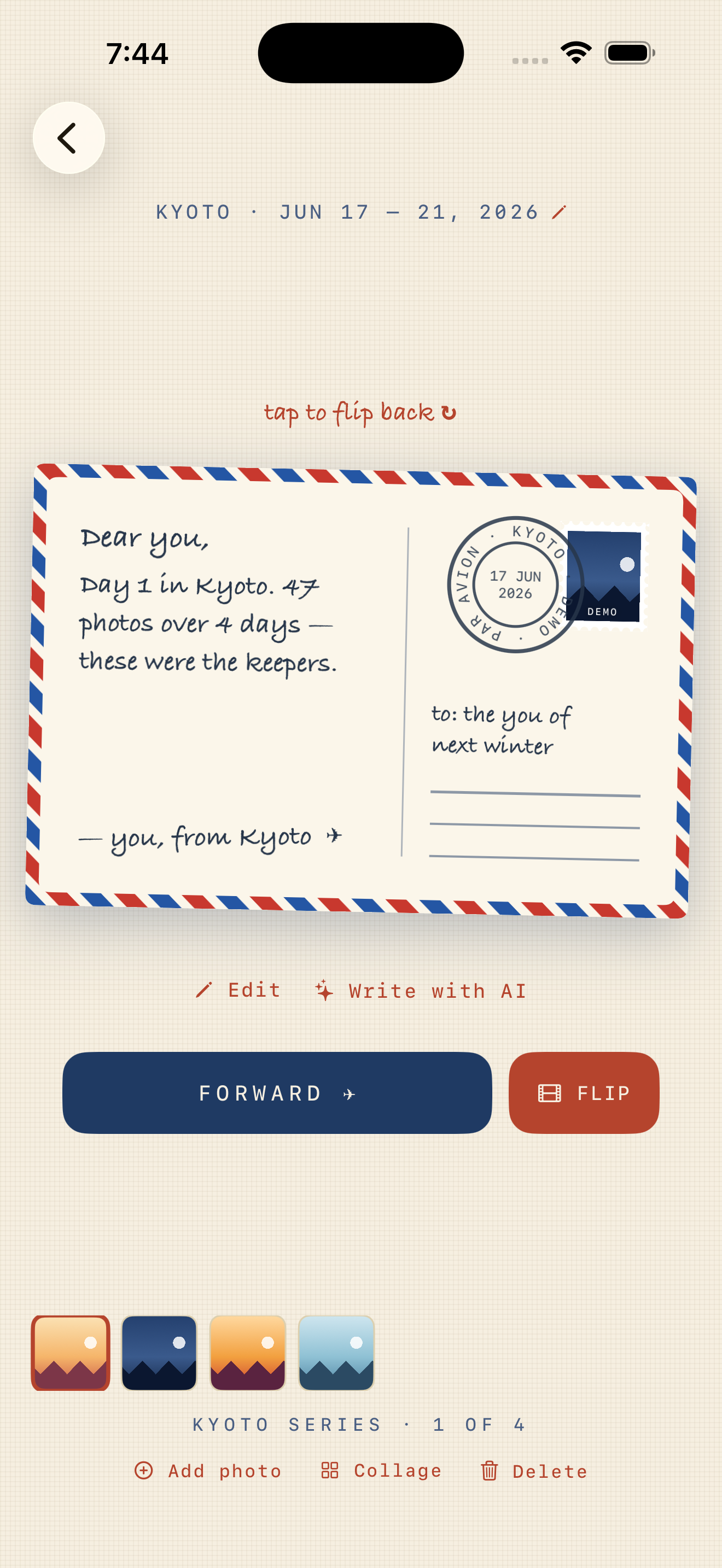 The postcard back with its handwritten note